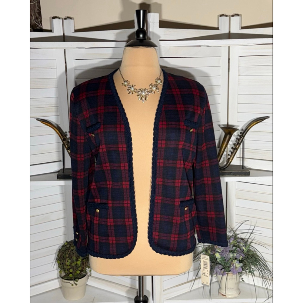 NOS Alfred Dunner vintage 90s blazer red blue tartan golden military buttons 14